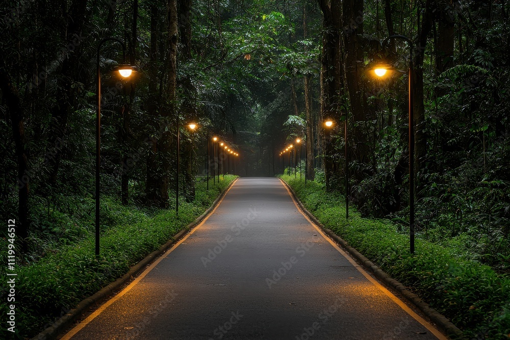 Eco-friendly bike path with solar lighting through lush forest nature trail ambient environment serene viewpoint sustainable transportation concept