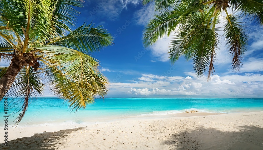 Obraz premium Tropical beach with palm trees and clear waters.