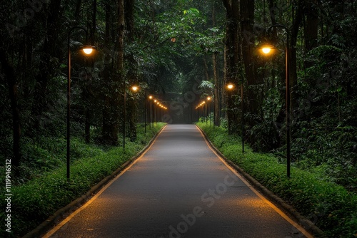 Eco-friendly bike path with solar lighting through lush forest nature trail ambient environment serene viewpoint sustainable transportation concept