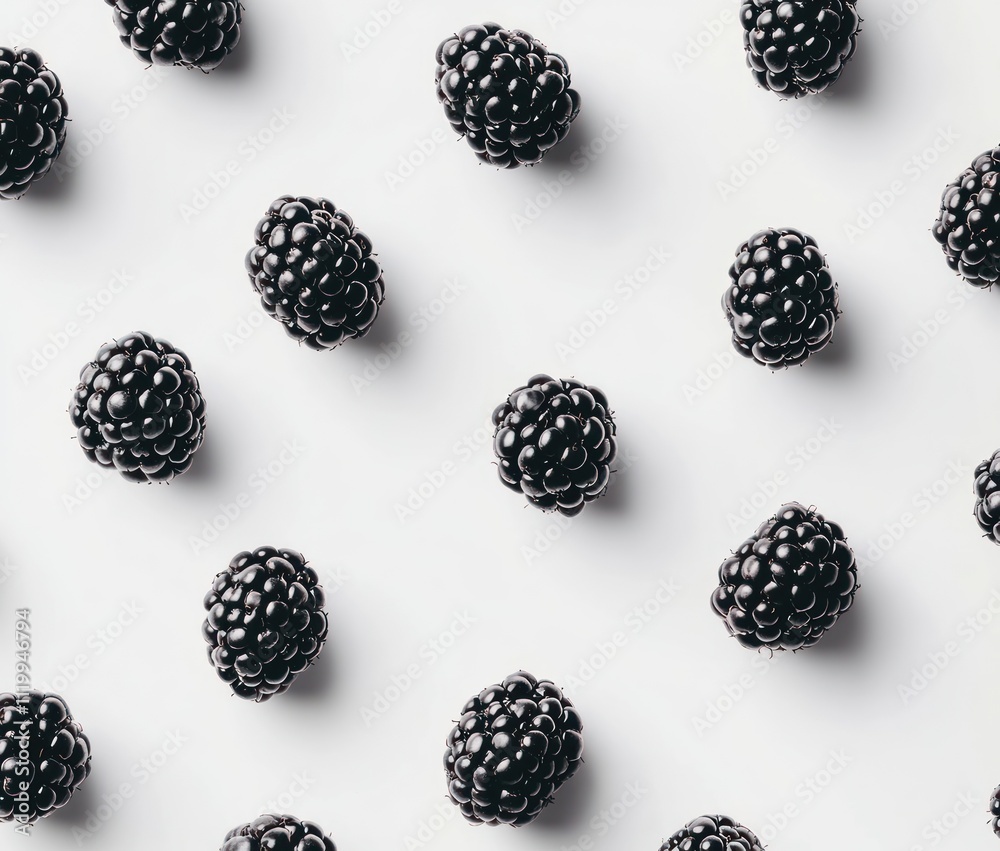A flat lay of blackberries on a white background, highlighting their texture and shape. A flat lay of blackberries on a white background, highlighting their texture and shape.