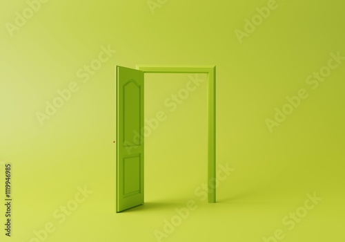 3d rendering illustration, lime green open door, isolated on bright green background. Eco, bio, green transition abstract metaphor, modern minimal concept. Surreal scene