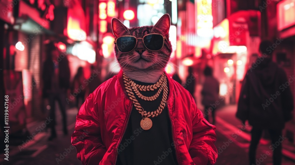 A stylish cat wearing sunglasses and gold chains in a vibrant urban setting. A stylish cat wearing sunglasses and gold chains in a vibrant urban setting.