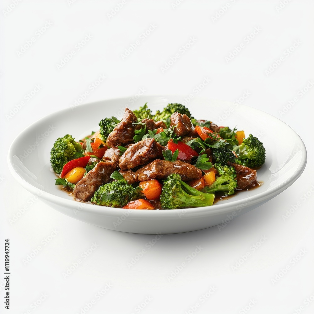 Beef Stir-Fry with Broccoli Bell Peppers and Tomatoes in White Bowl Fresh and Colorful Gourmet Meal Beef Stir-Fry with Broccoli Bell Peppers and Tomatoes in White Bowl Fresh and Colorful Gourmet Meal