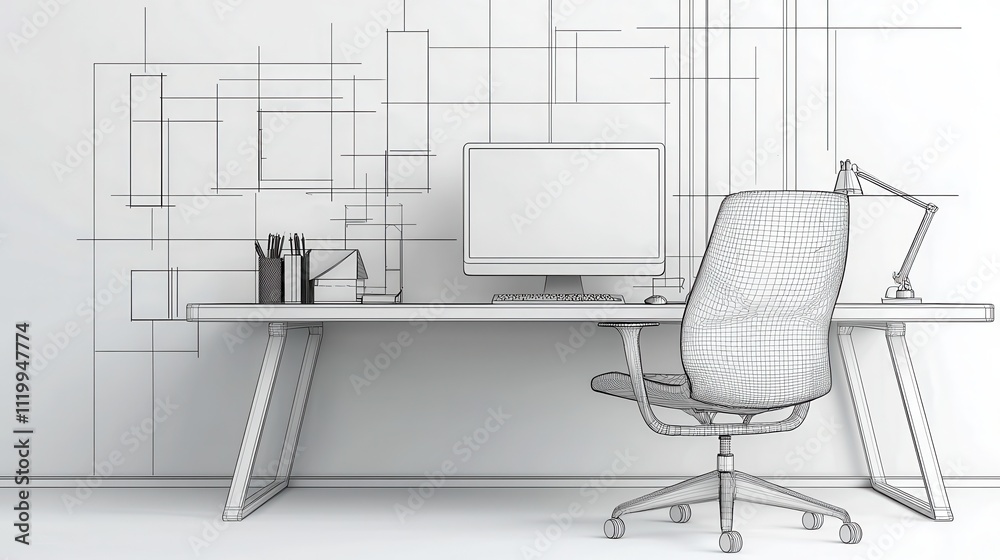 A minimalist workspace featuring a desk, chair, and computer, with abstract wall designs in a monochrome color scheme. A minimalist workspace featuring a desk, chair, and computer, with abstract wall designs in a monochrome color scheme.