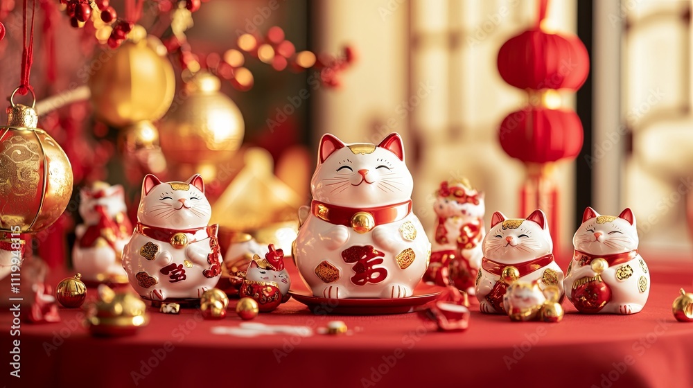 A festive setting with multiple lucky cat figurines on a picture A festive setting with multiple lucky cat figurines on a picture