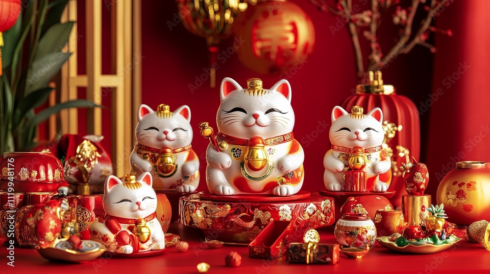A festive setting with multiple lucky cat figurines on a picture A festive setting with multiple lucky cat figurines on a picture
