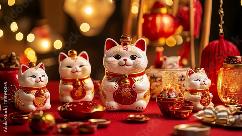 A festive setting with multiple lucky cat figurines on a picture