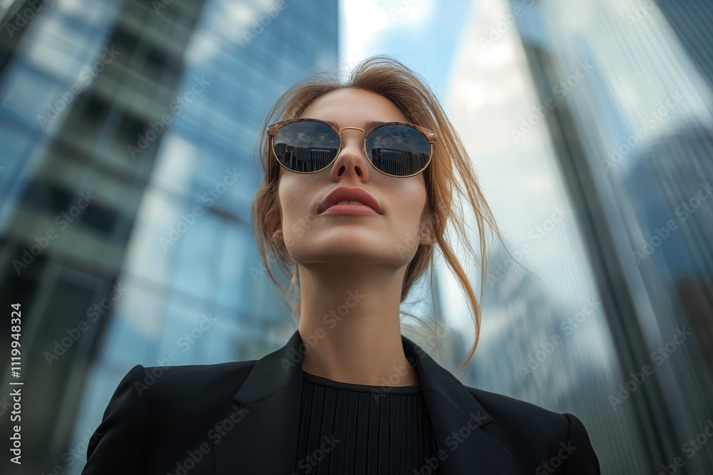 Confident Businesswoman in Sunglasses Standing Against Modern Glass Skyscrapers in Urban Cityscape Confident Businesswoman in Sunglasses Standing Against Modern Glass Skyscrapers in Urban Cityscape