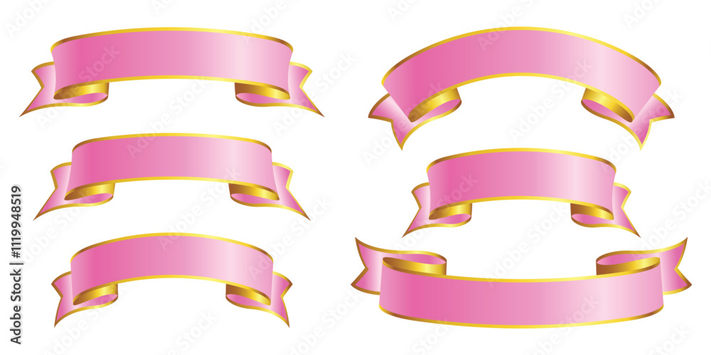 elegant stylish simple wide pink with gold trim ribbon banner flowing scroll blank set vector on transparent background elegant stylish simple wide pink with gold trim ribbon banner flowing scroll blank set vector on transparent background