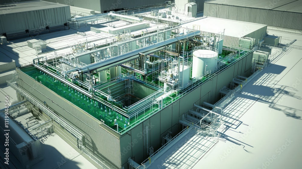 A highly detailed hydrogen electrolysis system inside a cutting-edge power plant. A highly detailed hydrogen electrolysis system inside a cutting-edge power plant.