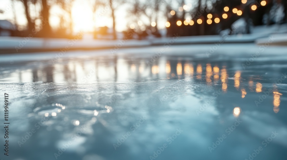 Obraz premium A frozen lake during sunrise, with reflections and bokeh lights in the background, capturing a moment of serene natural beauty and tranquility in a picturesque setting.