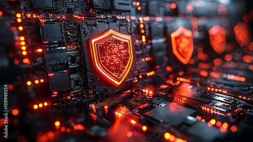 Digital firewall technology with glowing shields on circuit board