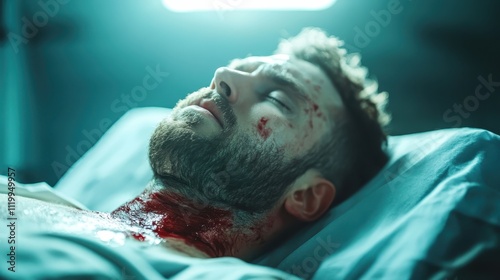 A man lying on a hospital bed with visible bloodstains, conveying themes of injury, emergency, vulnerability, and the critical nature of healthcare. photo