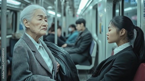 Elderly asian woman and young asian woman in subway train scene photo