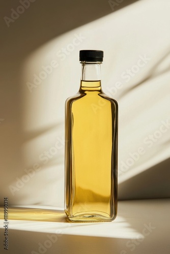 Elegant Glass Bottle with Golden Amber Liquid Isolated on Neutral Background in Warm Sunlight Highlighting Minimalist Design