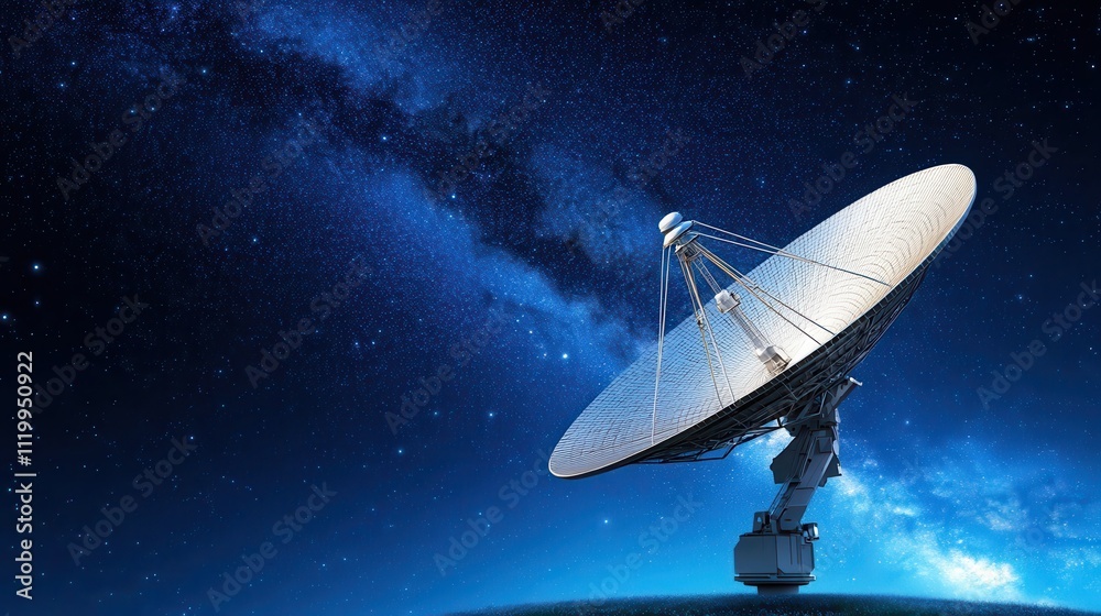 Large satellite dish pointing towards a starry night sky, capturing signals and symbolizing space exploration and communication. Large satellite dish pointing towards a starry night sky, capturing signals and symbolizing space exploration and communication.