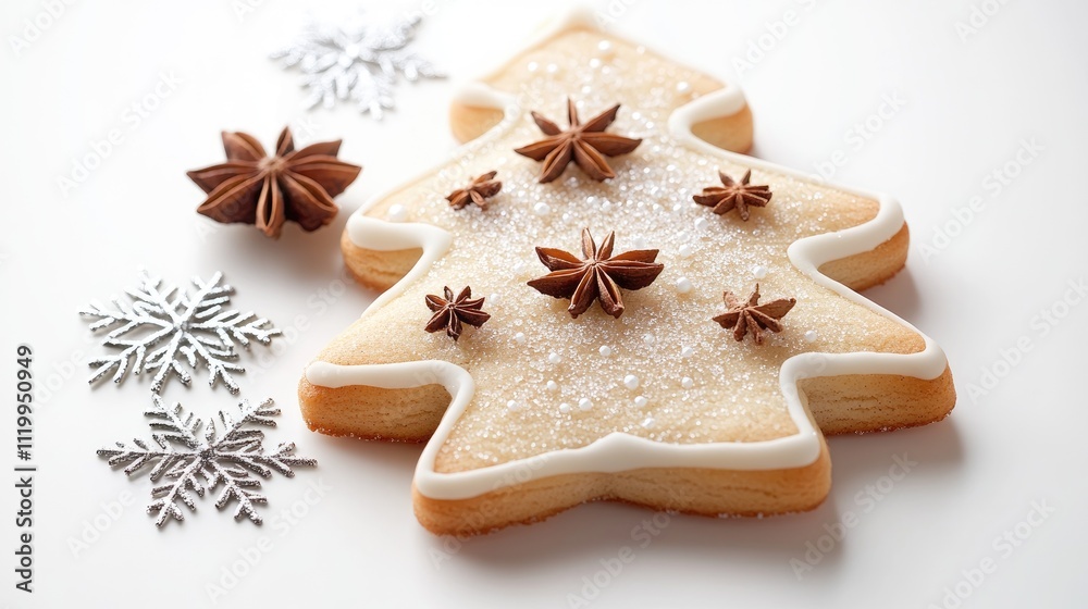 Festively decorated cookie shaped like a Christmas tree features star anise and cinnamon sprinkles against a clean white backdrop Festively decorated cookie shaped like a Christmas tree features star anise and cinnamon sprinkles against a clean white backdrop