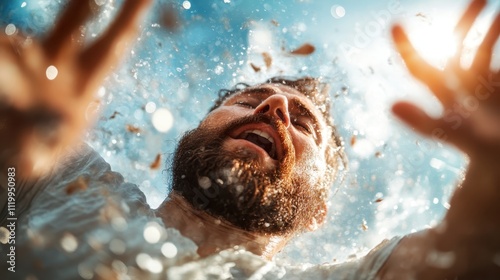 A man bursts through a dramatic water surface, reaching towards the sun, depicting freedom, renewal, and the triumphant power of the human spirit over adversity. photo