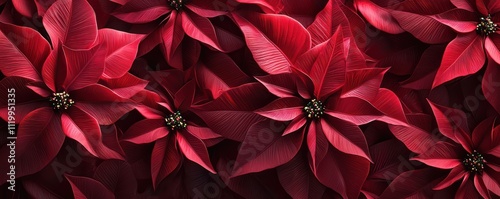 A close-up of beautiful seamless red poinsettia flowers created with Generative AI technology.