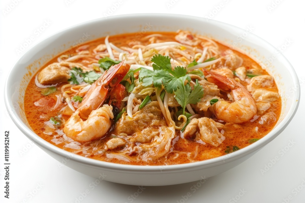 A bowl of spicy shrimp soup garnished with herbs and bean sprouts. A bowl of spicy shrimp soup garnished with herbs and bean sprouts.
