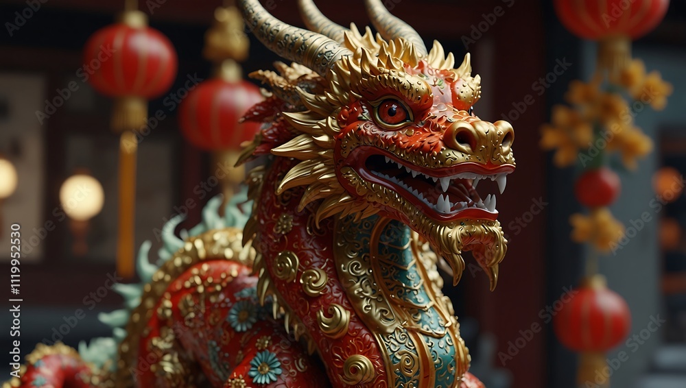 Obraz premium Ornate Red And Gold Dragon Statue Near Lanterns