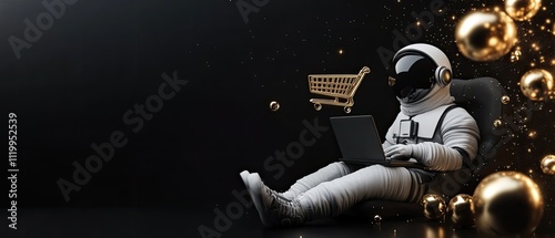 Astronaut online shopping on laptop.