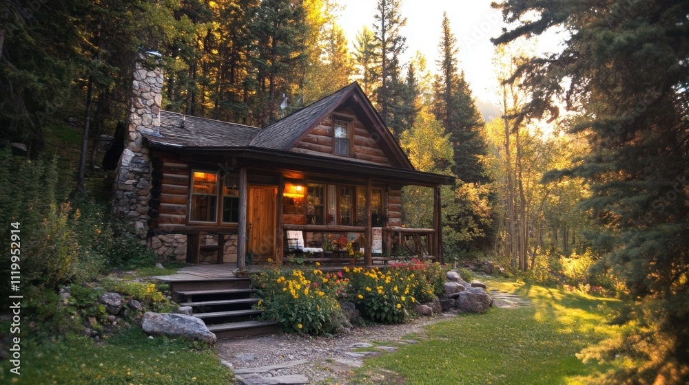 Cozy Cabin Surrounded by Trees and Colorful Wildflowers in Nature Cozy Cabin Surrounded by Trees and Colorful Wildflowers in Nature