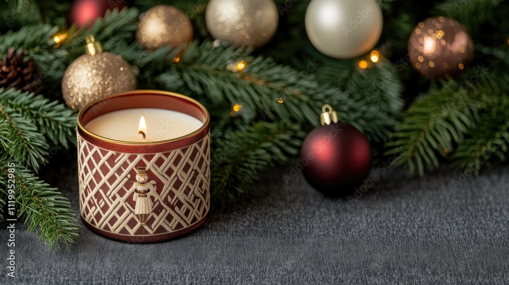 Festive red candle adorned with nutcracker engravings sits on a wooden table surrounded by Christmas decorations and warm lights Festive red candle adorned with nutcracker engravings sits on a wooden table surrounded by Christmas decorations and warm lights