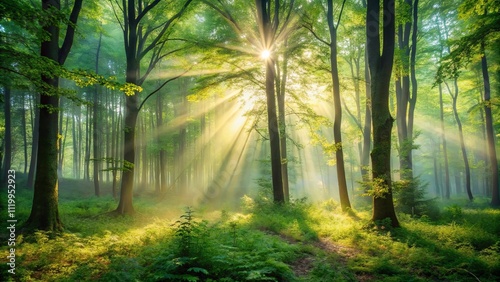 Sunbeams Illuminate a Mystical Green Forest Landscape with Lush Undergrowth