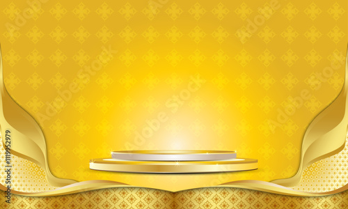 Special discount promotion banner template with abstract luxury gold thai pattern podium and background.