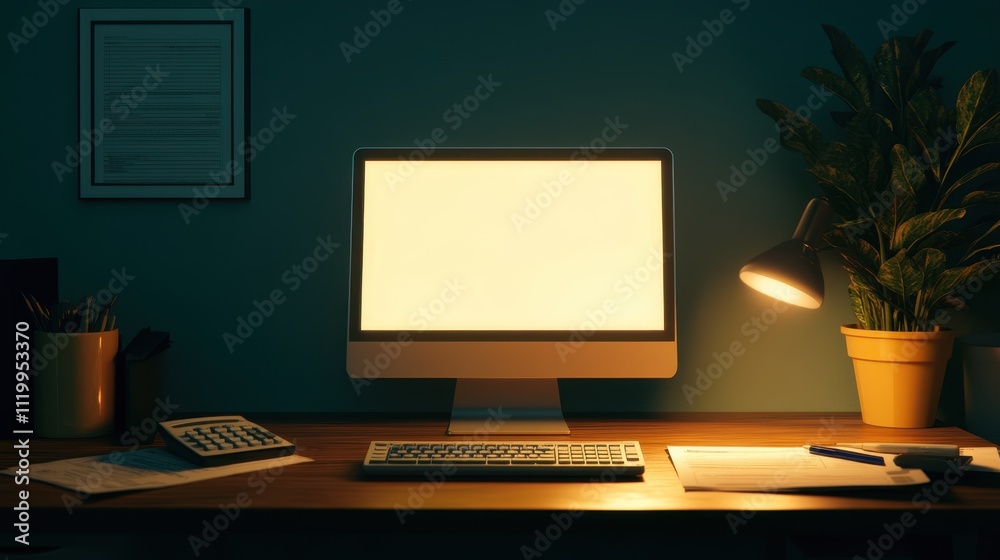 A dimly lit workspace featuring a blank computer screen, a desk lamp, a potted plant, and office supplies, creating a calm, focused atmosphere. A dimly lit workspace featuring a blank computer screen, a desk lamp, a potted plant, and office supplies, creating a calm, focused atmosphere.