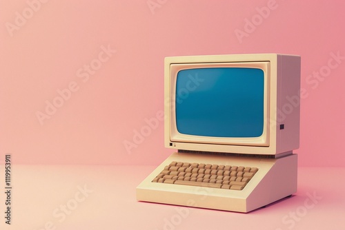 Retro beige computer on a pink background. A nostalgic image of vintage technology.