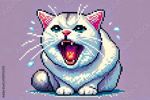 Close-Up of White British Shorthair Cat Hissing – Vibrant Pixel Art Style