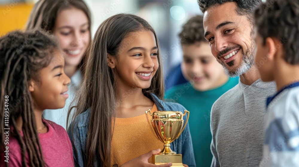 Student receiving a trophy or award from a teacher or principal, with an admiring gaze from peers and family
