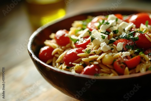 A vibrant orzo salad with cherry tomatoes, herbs, and feta cheese in a rustic bowl.