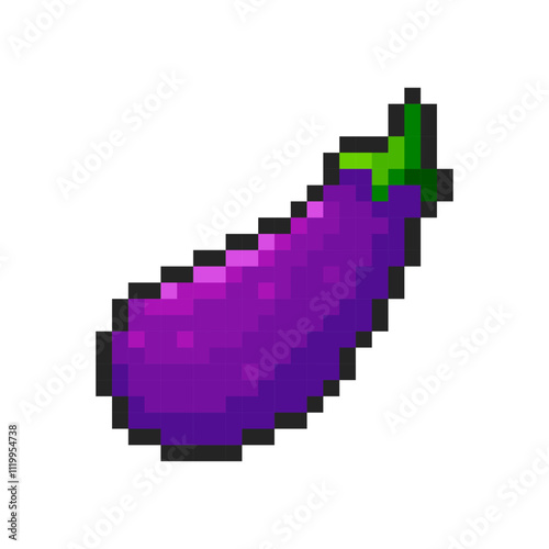 Pixel eggplant isolated on transparent background. Pixelated badge, game asset or computer arcade item. Vegetable icon. Vector pixel art illustration in 16 bit old style.