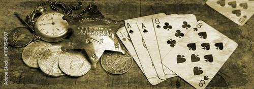 Simulated distressed old photograph The Dead man's hand . Aces and two Eights, named after Wild Bill Hickok who was killed with it in 1876, Deadwood, Dakota Territory, USA	