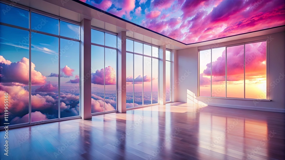 Fototapeta premium Empty room with panoramic sunset view and cloud ceiling