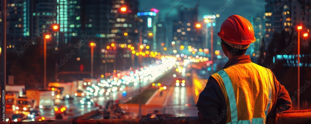 A construction worker observes a busy city skyline at twilight, surrounded by colorful city lights and bustling traffic. A construction worker observes a busy city skyline at twilight, surrounded by colorful city lights and bustling traffic.