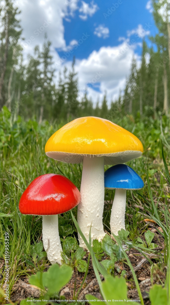 Colorful mushrooms with vibrant caps stand in a lush green field under a bright blue sky, surrounded by trees. Colorful mushrooms with vibrant caps stand in a lush green field under a bright blue sky, surrounded by trees.