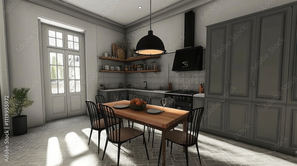 Obraz premium Sunlit kitchen with wooden dining table, gray cabinets, and French doors.