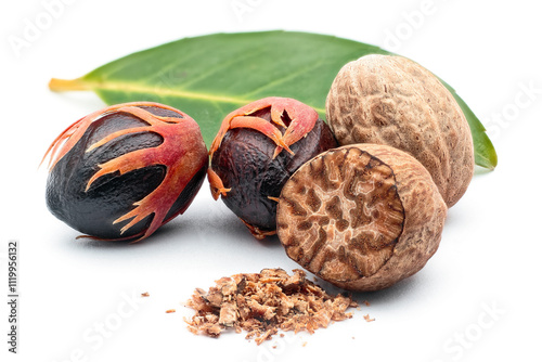 Nutmeg (Myristica fragrans), Myristicaceae. Spice, fresh nut with mace. On white background.