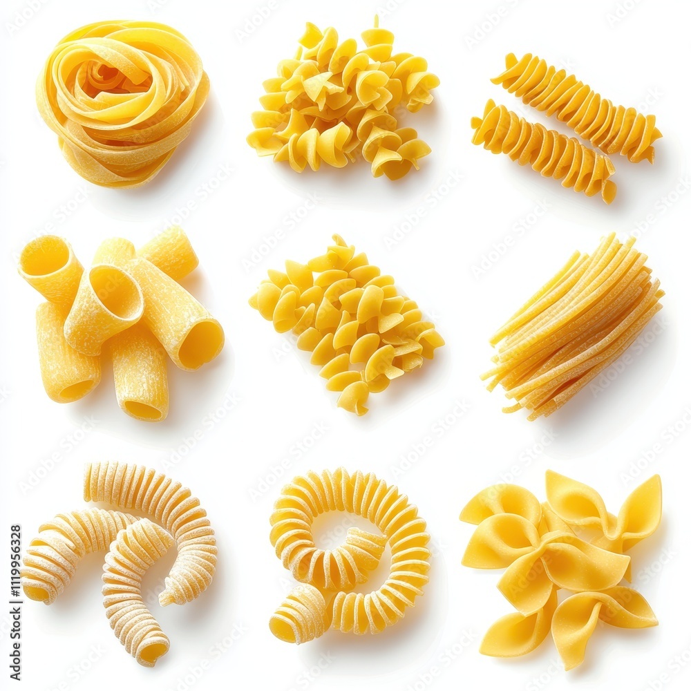 Assorted Uncooked Pasta Varieties Including Farfalle Fusilli on White Background Showcasing Shapes and Textures