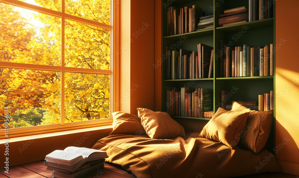 Cozy reading nook with warm sunlight and autumn foliage view. Cozy reading nook with warm sunlight and autumn foliage view.
