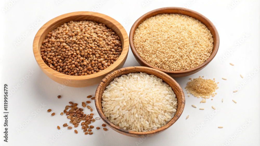 A clean and minimalistic display of mixed grains in rustic wooden bowls for branding A clean and minimalistic display of mixed grains in rustic wooden bowls for branding