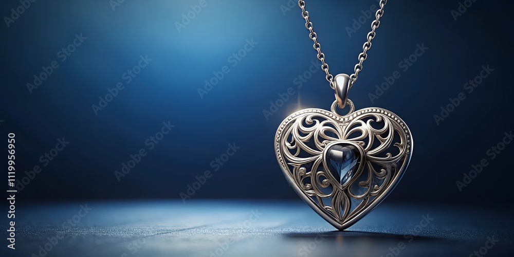 Elegant Filigree Heart Pendant with Dark Gemstone on a Chain Elegant Filigree Heart Pendant with Dark Gemstone on a Chain
