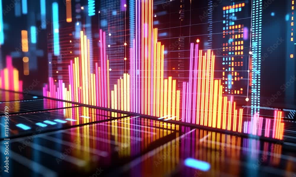 A vibrant digital visualization of data with colorful bars and glowing elements. A vibrant digital visualization of data with colorful bars and glowing elements.