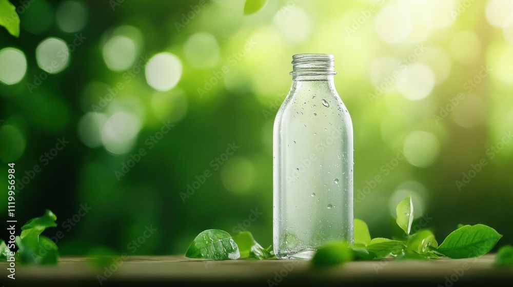 Clear Glass Bottle Surrounded by Fresh Green Leaves Outdoors Clear Glass Bottle Surrounded by Fresh Green Leaves Outdoors