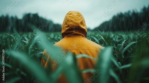 A lone figure wearing a bright orange hooded jacket stands amidst a lush cornfield in a strong rainstorm, creating a striking contrast against the green landscape. photo