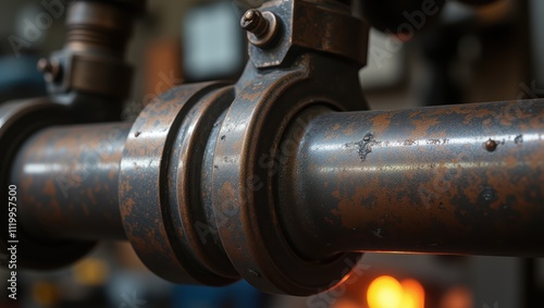 Close-up of Industrial Copper Pipe with Flanges and Fittings